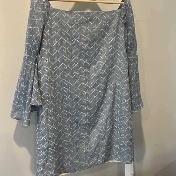 𝅺aqua chambray off the shoulder print boho linen blend dtess large - Picture 9 of 10